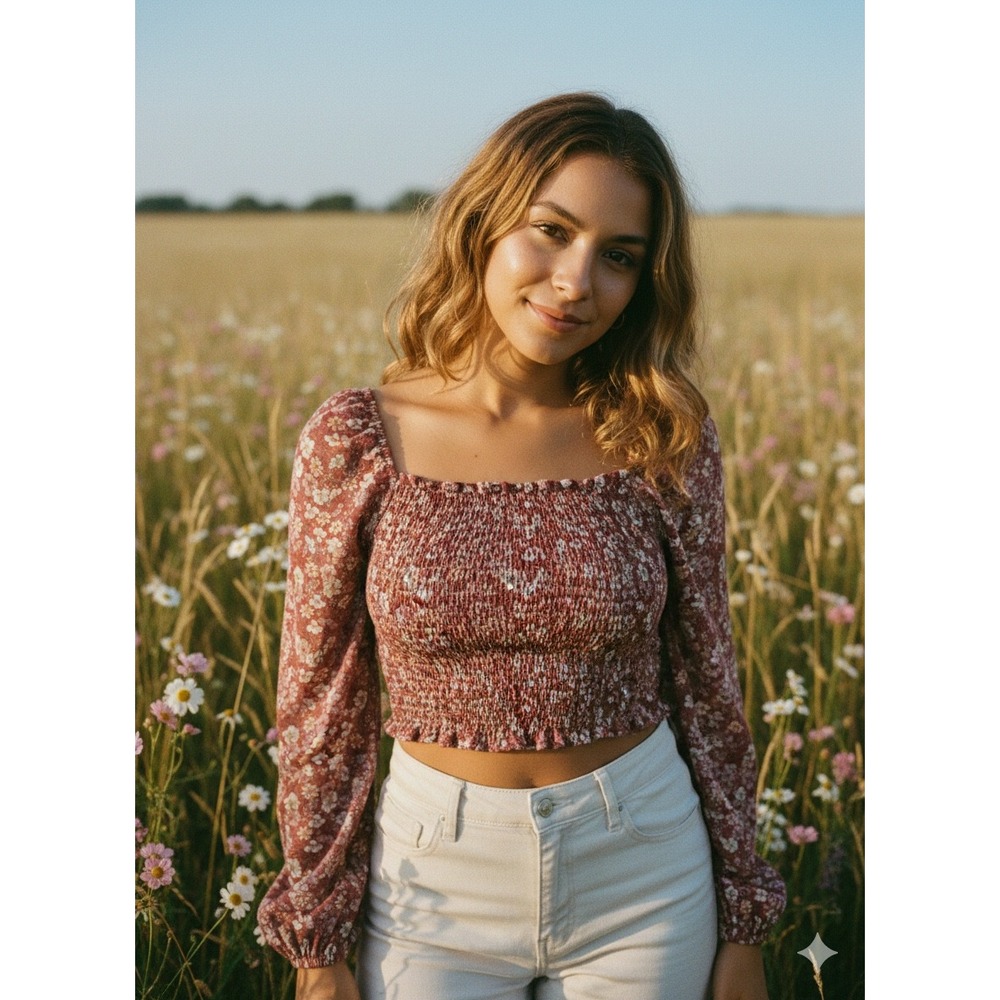 Pink Rose Women Floral Smocked Crop Top L Pink Cottagecore Puff Sleeve fairycore